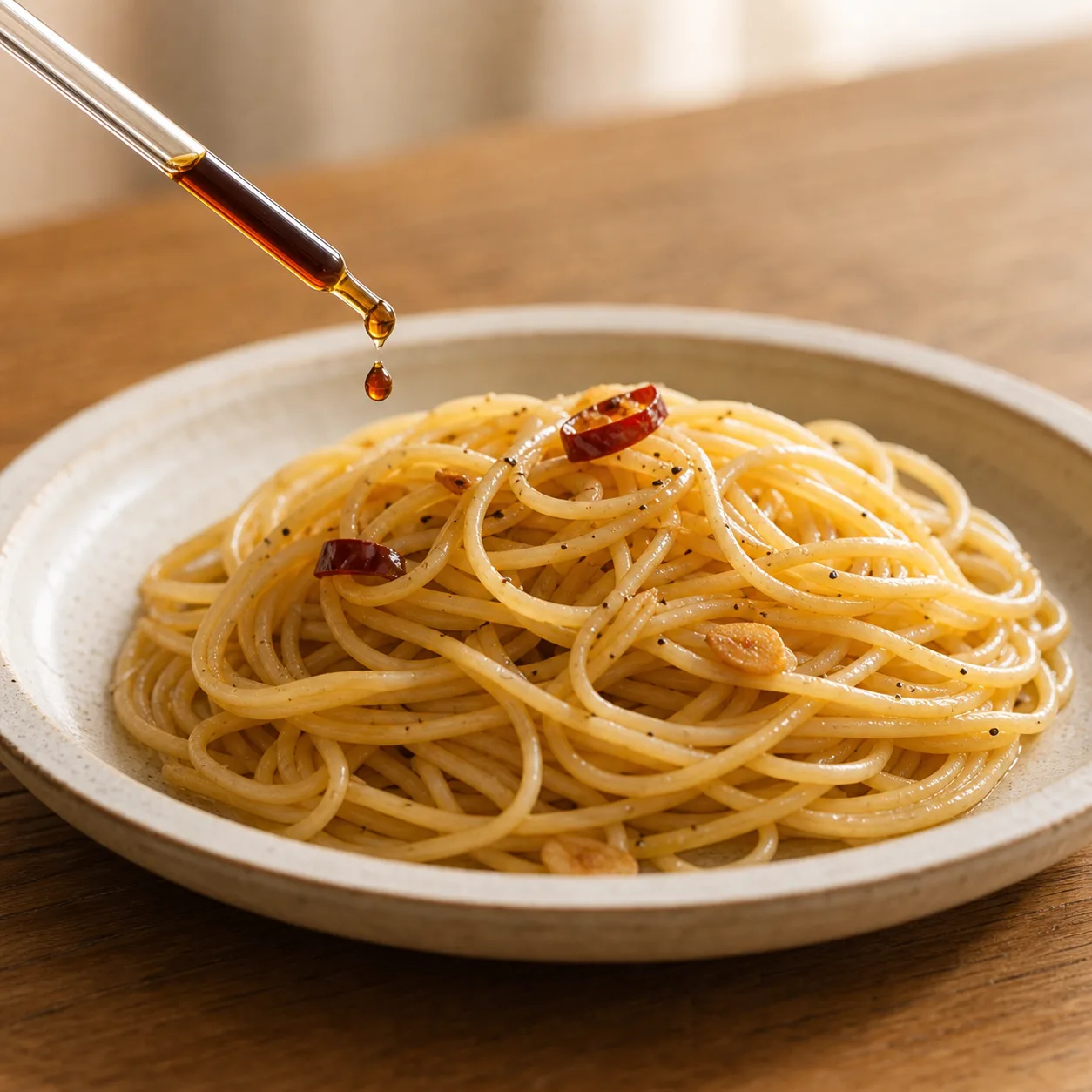 外出先でペペロンチーノに一滴