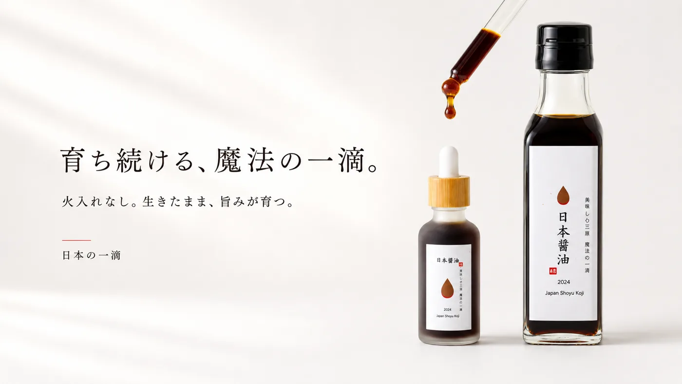 日本醤油 - 育ち続ける、魔法の一滴。火入れなし。生きたまま、旨みが育つ。